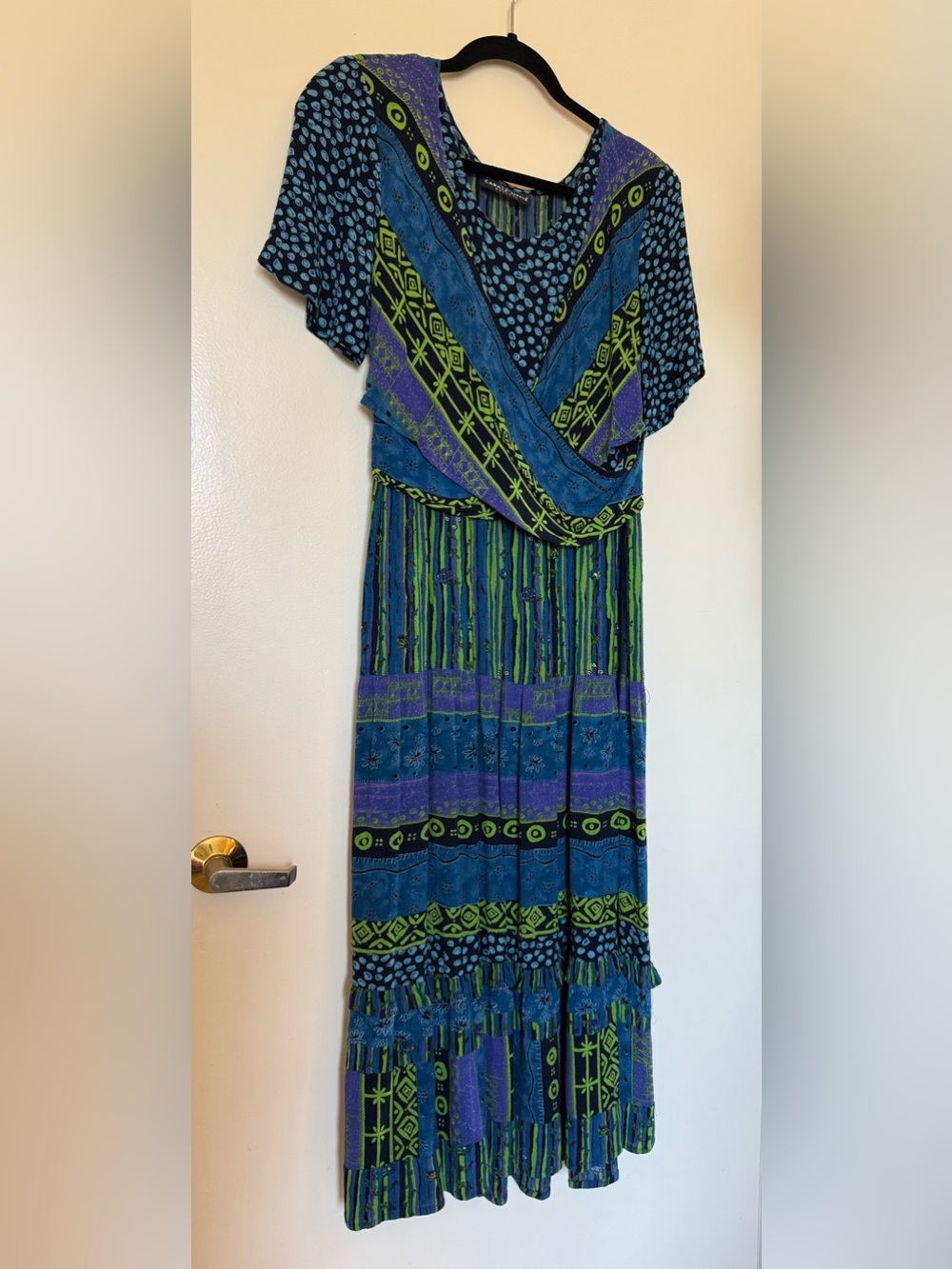 Vintage Carole Little Short Sleeve Blue, Green, & Purple Multi-Print Maxi in 14